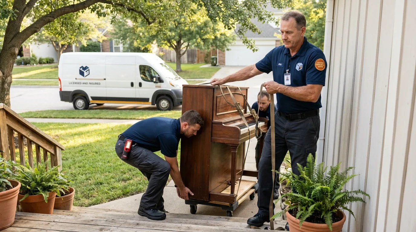 Licensed piano movers securing grand piano in Belzoni, MS