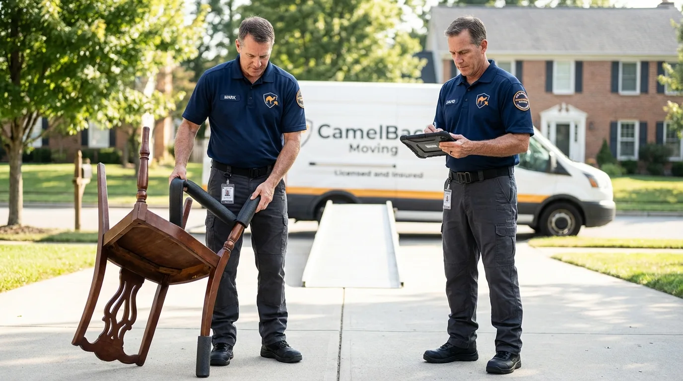 Movers inspecting furniture for damage prevention before loading in Belzoni, MS