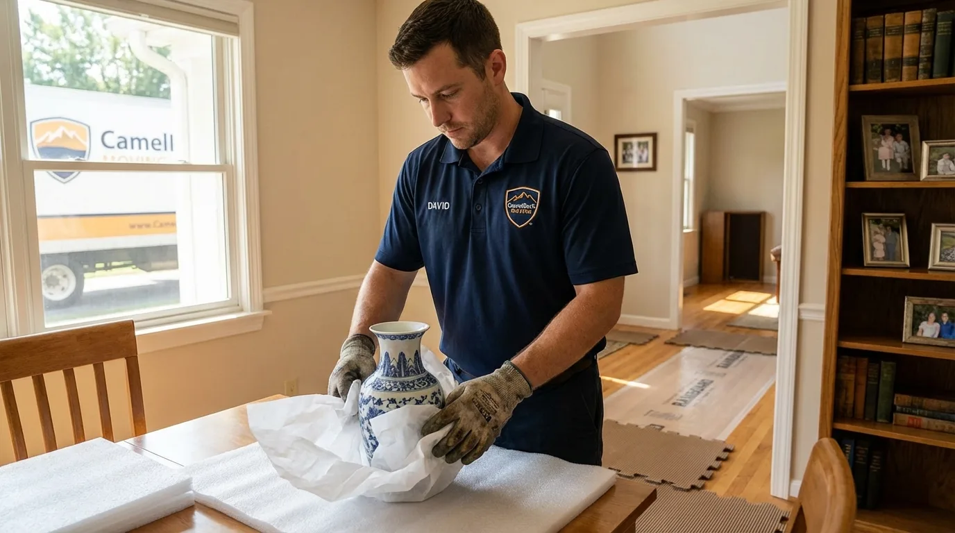 Professional crew carefully wrapping antique vase for senior downsizing move in Belzoni, MS